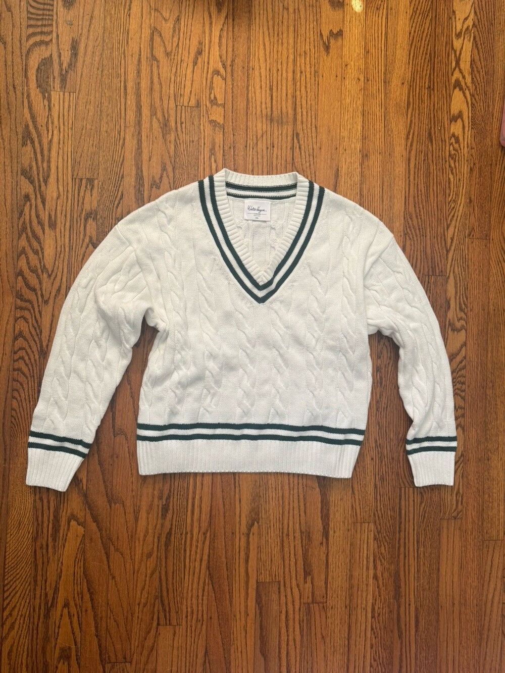 Walter Hagen Sweater Womens XXL White Green Cable Knit V-Neck Golf Preppy NWT